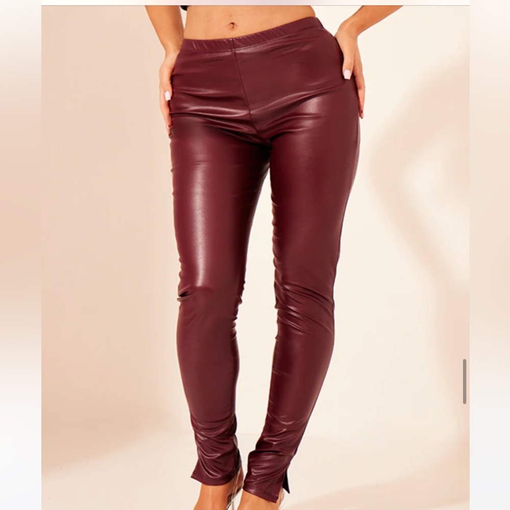 Prettylittlething faux leather high neck side hem ruch top and leggings size 4 - Picture 2 of 3